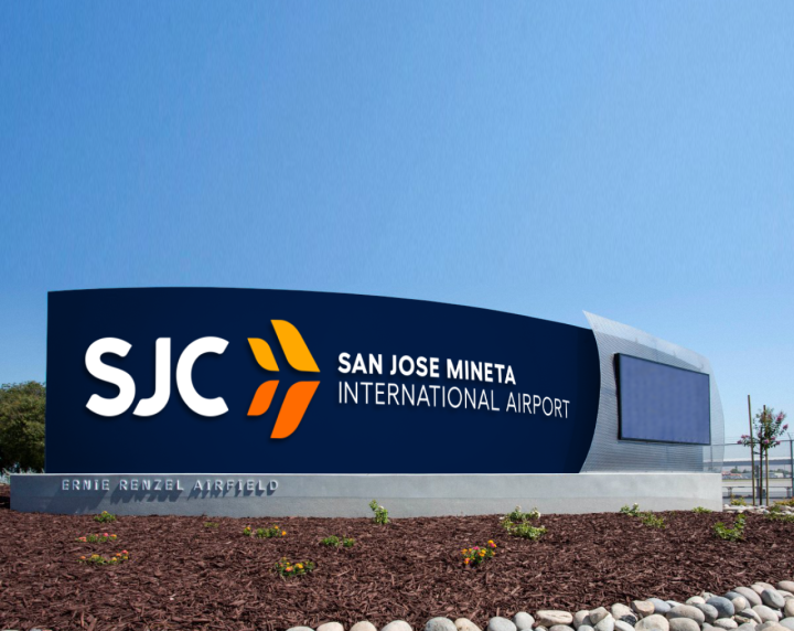 Artist&rsquo;s conceptual rendering of an entrance sign at San Jos&eacute; Mineta International Airport reflecting the new SJC logo.