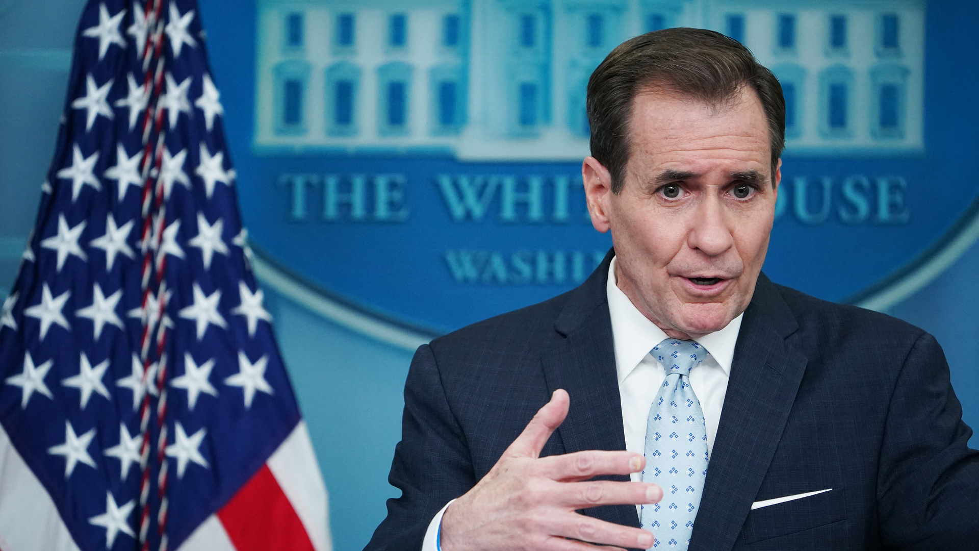 National Security Council Coordinator for Strategic Communications John Kirby speaks during the daily press briefing in the James S. Brady Press Briefing Room of the White House in Washington, D.C., on Feb. 13, 2023.