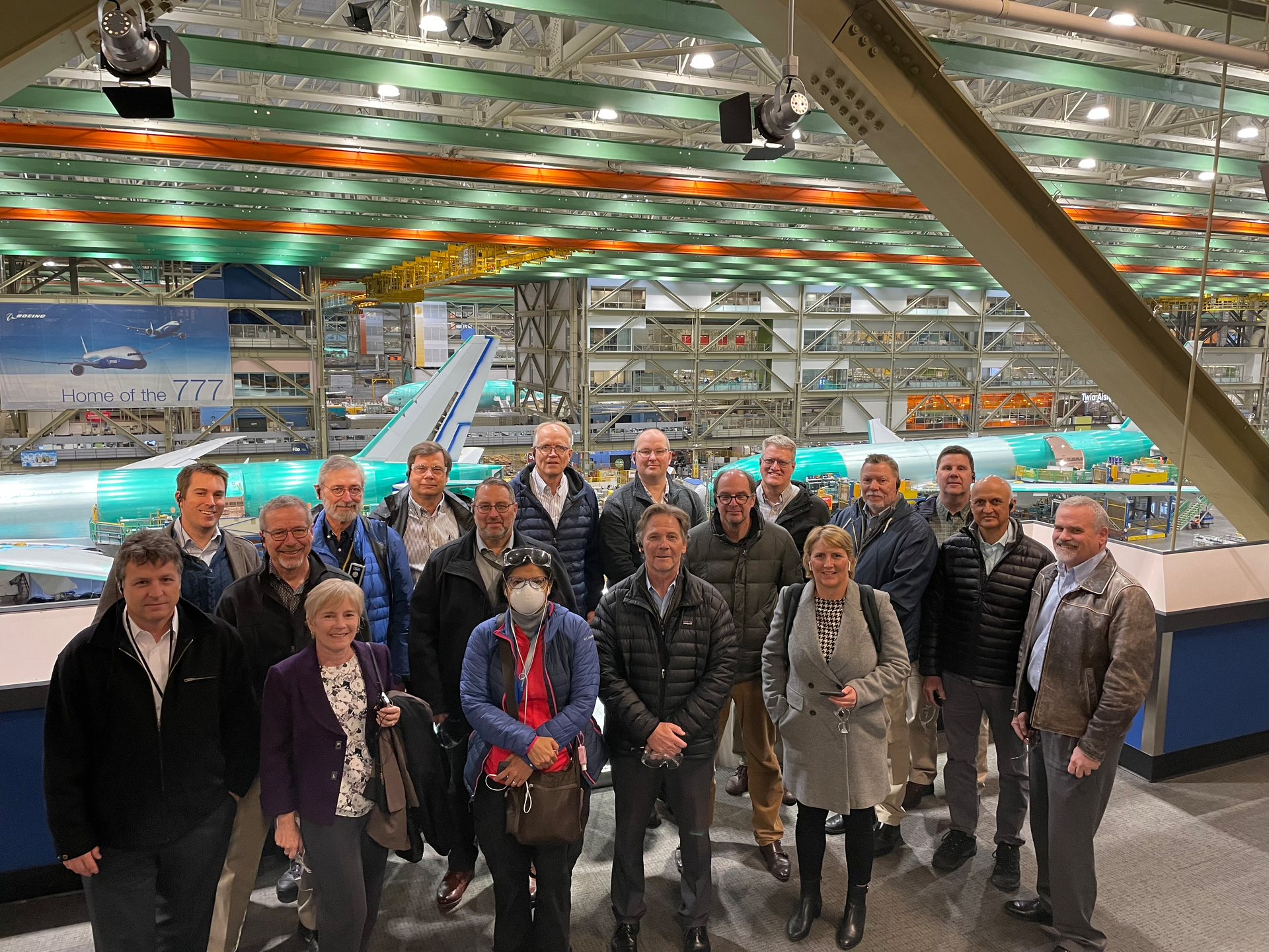 Members of NASA&rsquo;s Advanced Composites Consortium, including representatives from NASA, the Federal Aviation Administration, Boeing, Spirit Aerosystems, Collins Aerospace, Northrop Grumman, and Electroimpact during a tour of Boeing&rsquo;s facility in Everett, Washington.