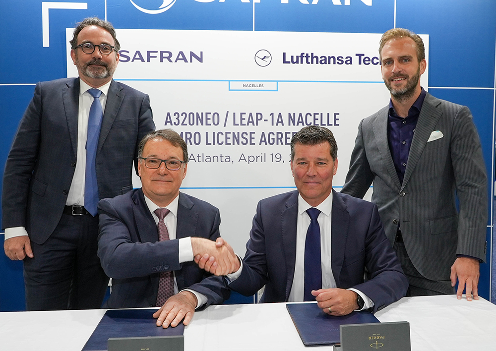 The signing ceremony at MRO Americas included (left to right): Alexandre Husson, Safran Nacelles' head of sales aftermarket; Alain Berger, Safran Nacelles' executive vice president customer support & services; Sven Duve - Lufthansa Technik's senior director of Aircraft-Related Components; and Constantin Zachrau, Lufthansa Technik's senior director of sales in North America.