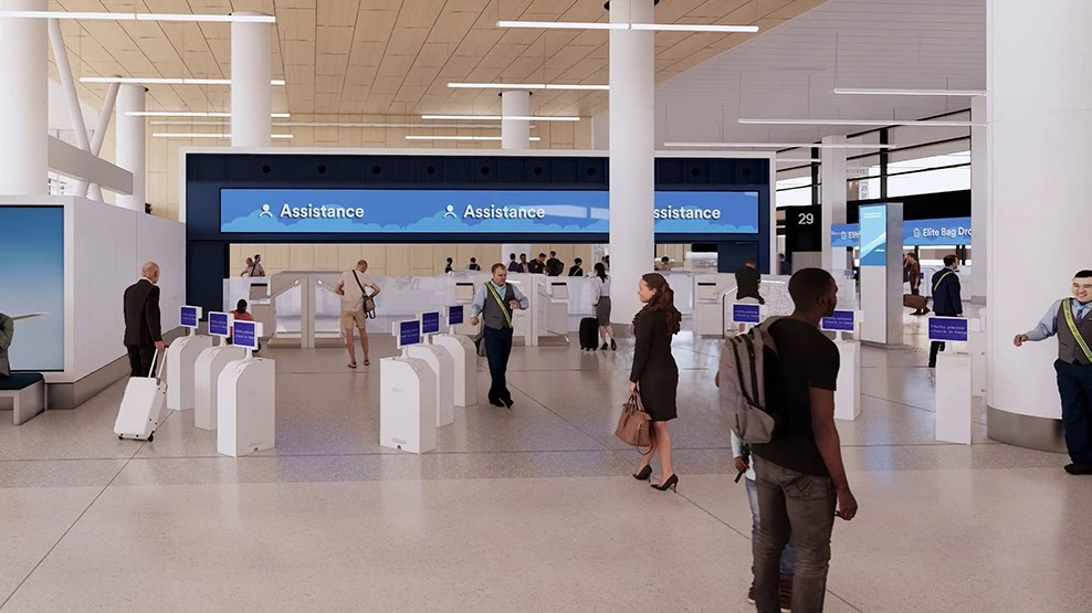 A future rendering of the lobby of Seattle-Tacoma International Airport &mdash; featuring technology designed to get guests through the lobby in 5 minutes or less.