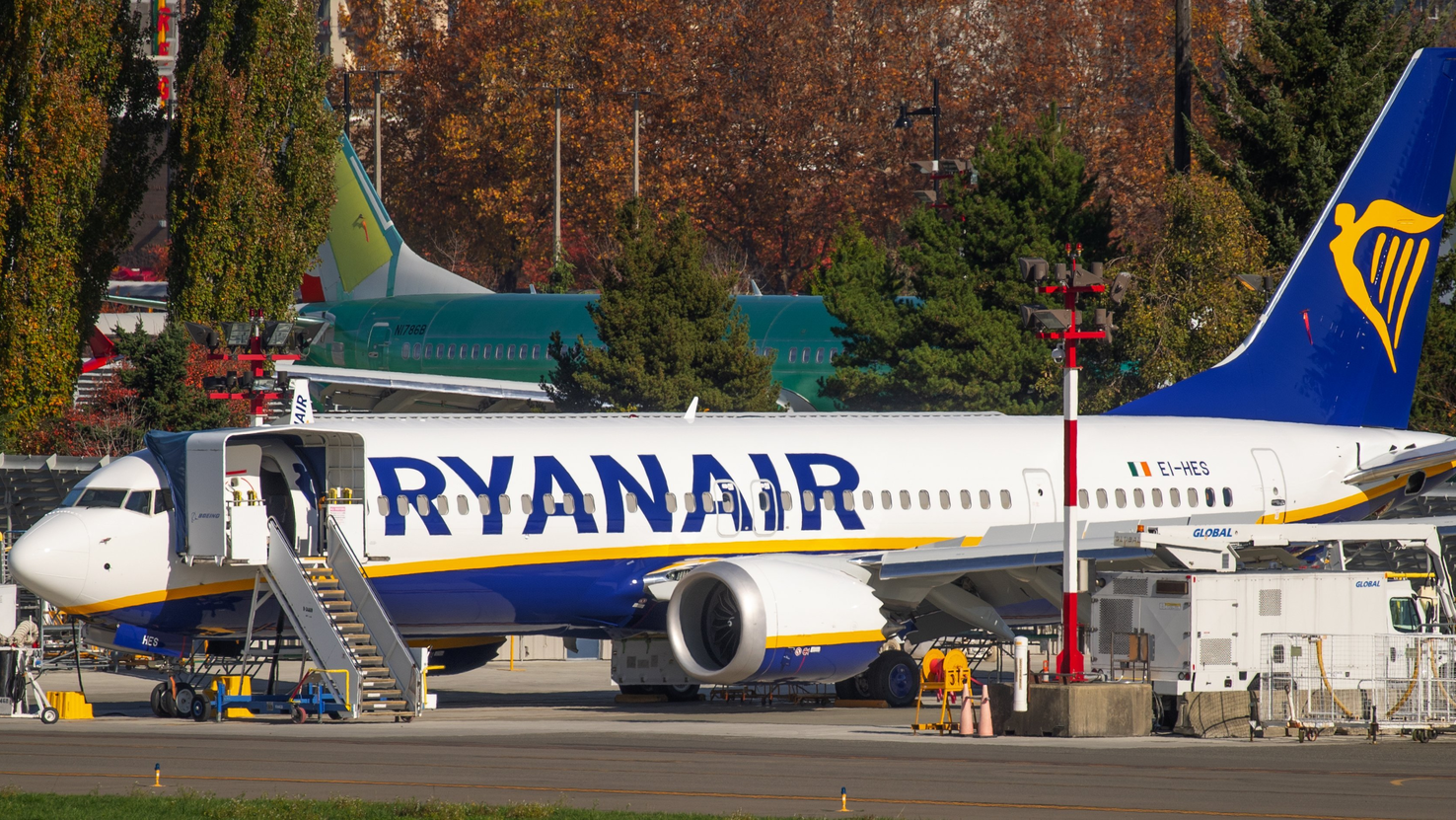 A grounded Boeing 737 MAX for Ryanair parked along the Renton airport runway adjacent to the 737 final assembly plant last year.