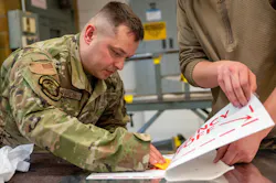 Tech. Sgt. Daniel Richards, a 934th Maintenance Squadron aircraft structural maintenance technician, applies a sticker for a sign onto sheet metal, at the Minneapolis-Saint Paul Air Reserve Station, Minnesota, May 6, 2023. ASM not only specializes in aircraft maintenance but with metal fabrication overall. Tech. Sgt. Daniel Richards, a 934th Maintenance Squadron aircraft structural maintenance technician, applies a sticker for a sign onto sheet metal, at the Minneapolis-Saint Paul Air Reserve Station, Minnesota, May 6, 2023. ASM not only specializes in aircraft maintenance but with metal fabrication overall.
