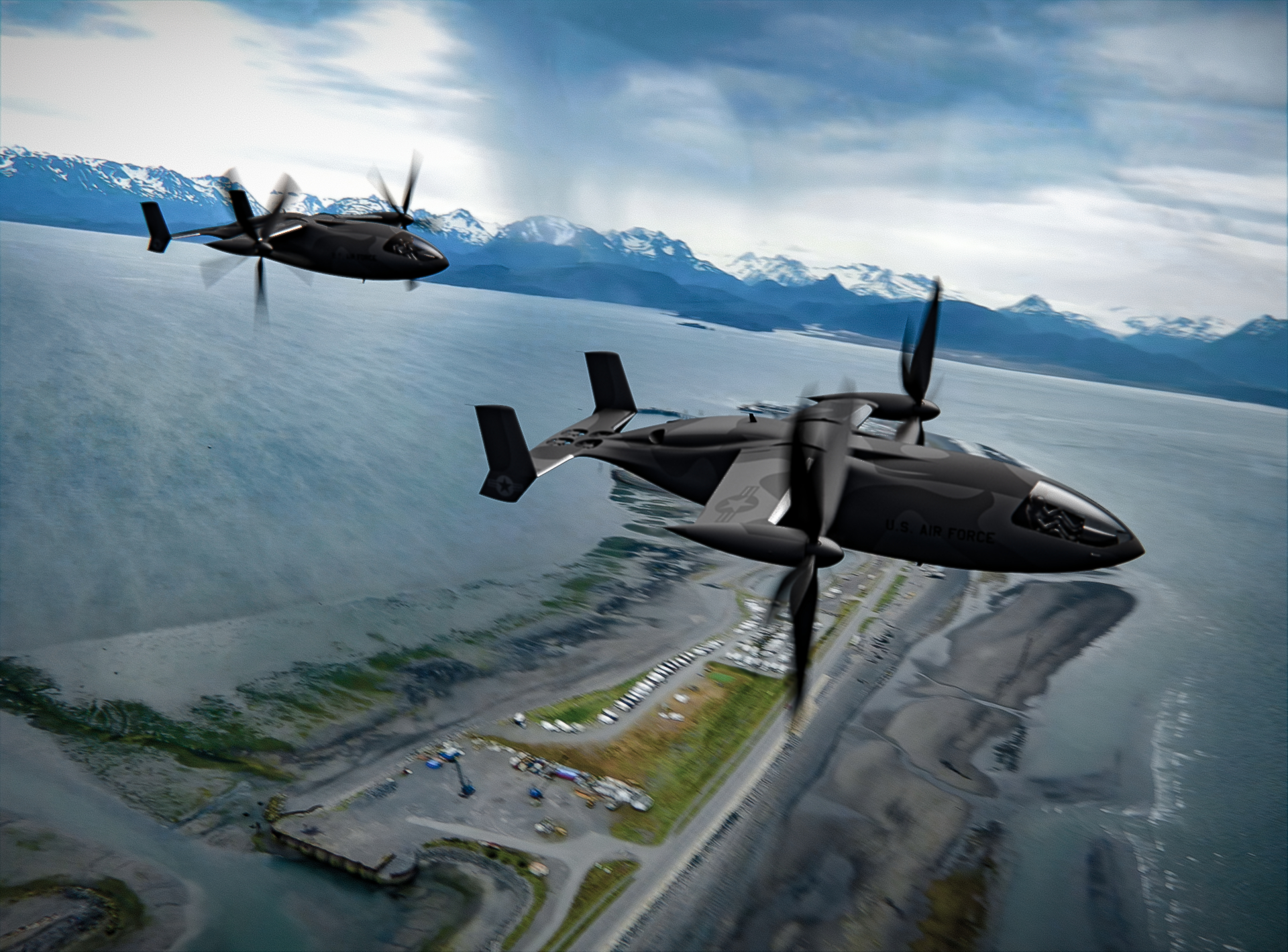 A pair of Transcend militarized Vy variants depicted on a training flight over Homer, Alaska.