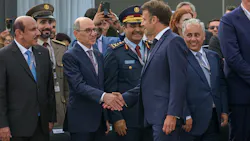 French president Emmanuel Macron (center) meets with Qatar Airways CEO Akbar Al Baker as he inaugurates 54th Salon de l’Air et de l’space or 'Paris Air Show' at Le Bourget airport near Paris, France, on June 19, 2023. French president Emmanuel Macron (center) meets with Qatar Airways CEO Akbar Al Baker as he inaugurates 54th Salon de l’Air et de l’space or 'Paris Air Show' at Le Bourget airport near Paris, France, on June 19, 2023.