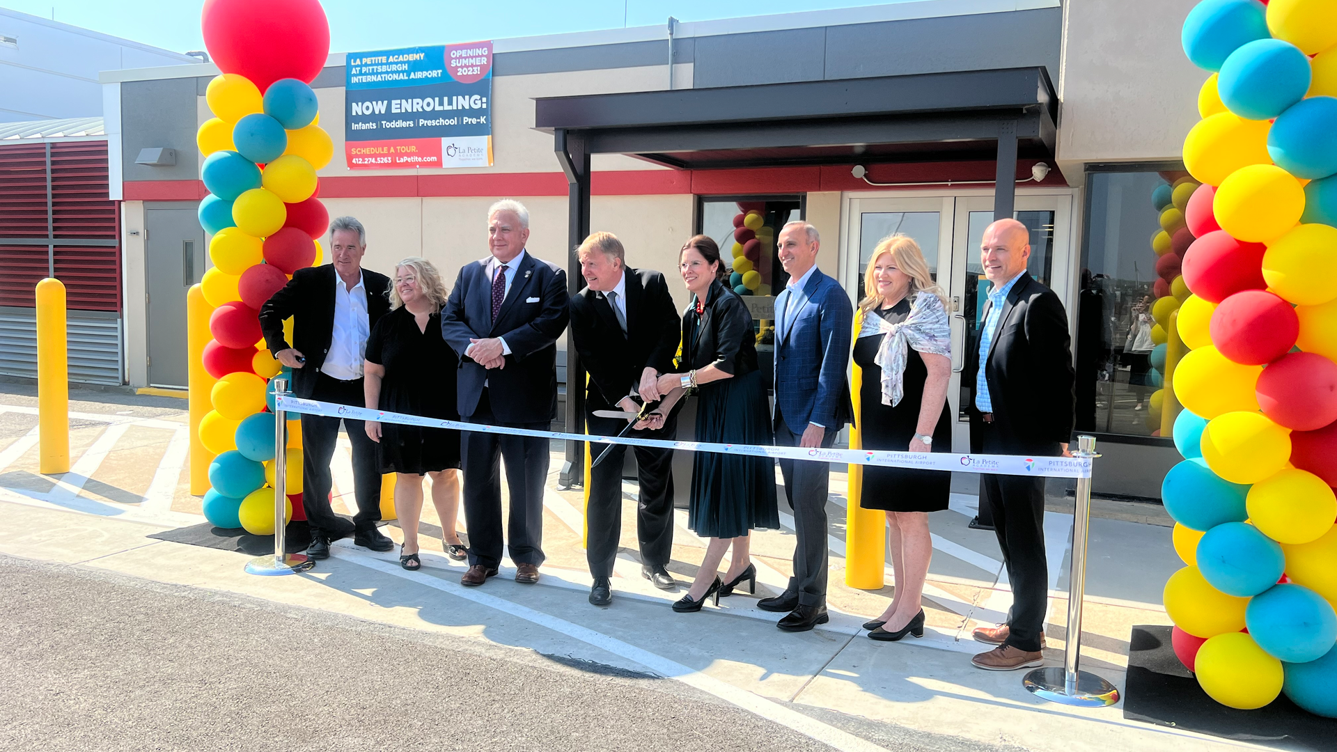Pictured L to R: Thomas McIntyre, ACAA Board Member; Cara Ciminillo, Executive Director, Trying Together; Sam DeMarco, Allegheny County Councilman; Rich Fitzgerald, Allegheny County Executive; Christina Cassotis, Chief Executive Officer Allegheny County Airport Authority; David Roger, President, Hillman Foundation; Lisa Naylor, Chief Human Capital Officer, Allegheny County Airport Authority; Sean Sondreal, Chief Business Development Officer, Learning Care Group