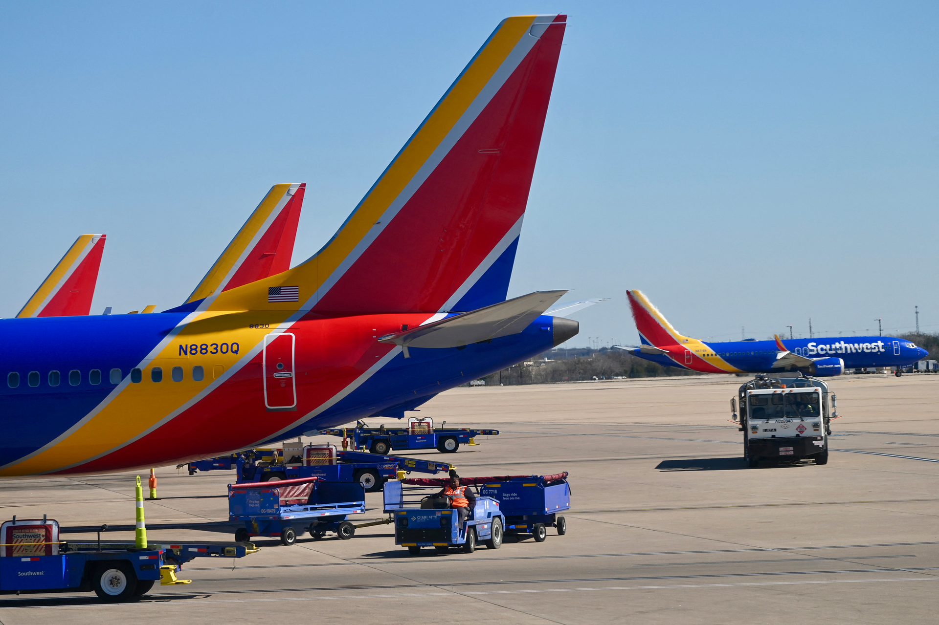 Southwest Airlines planes are seen at the Austin Bergstrom International Airport (AUS) in Austin, Texas on Jan. 22, 2023.
