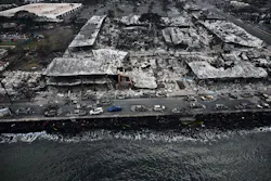 An aerial image taken on Aug. 10, 2023, shows destroyed buildings on the waterfront burned to the ground in Lahaina in the aftermath of wildfires in western Maui, Hawaii. An aerial image taken on Aug. 10, 2023, shows destroyed buildings on the waterfront burned to the ground in Lahaina in the aftermath of wildfires in western Maui, Hawaii.