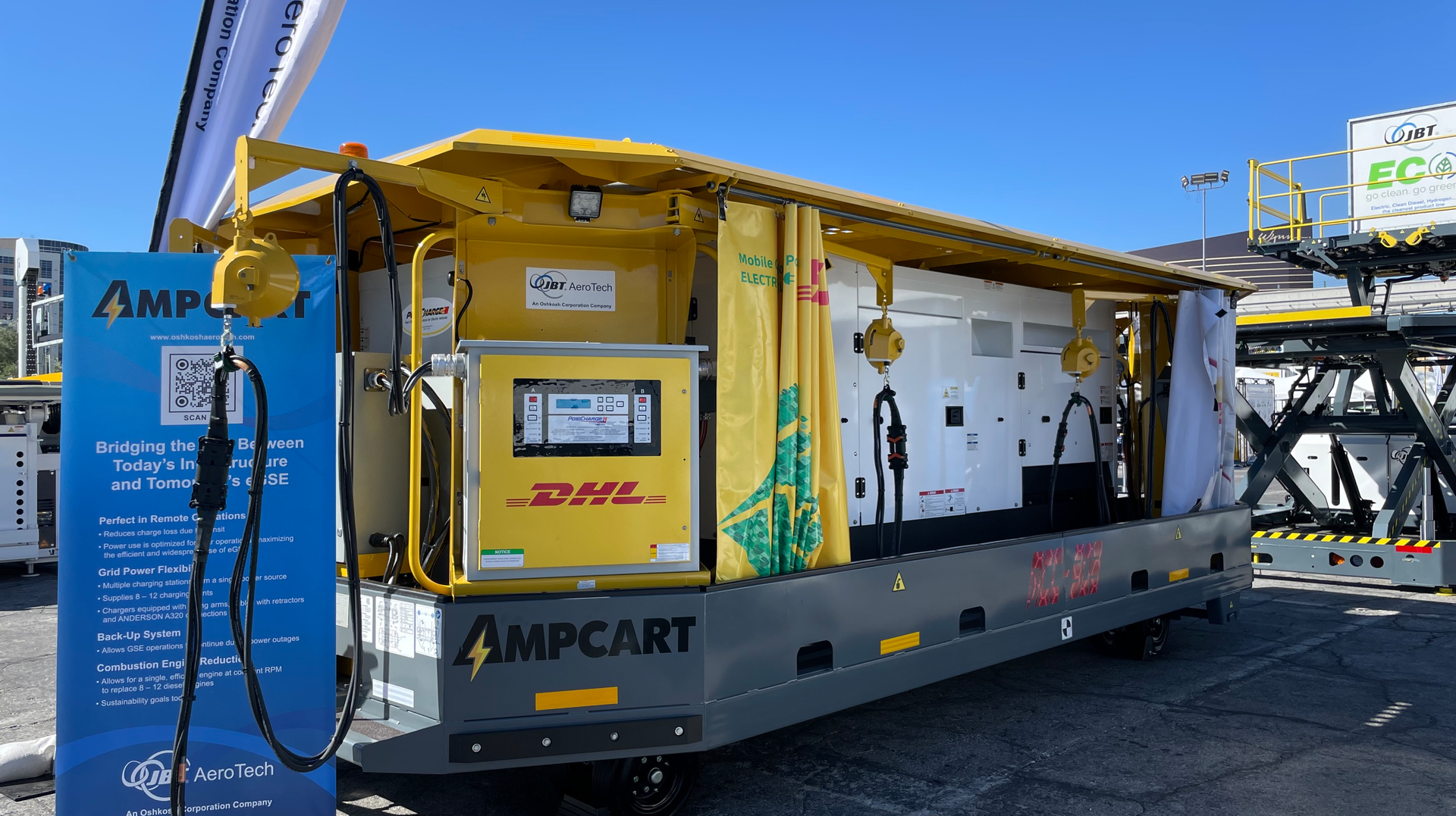 The AmpCart, a towable charging station, is part of Oshkosh's strategy to create a more electric, sustainable future and was on display at the 2023 GSE Expo.