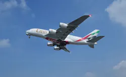 Emirates A380 taking off on 100 percent SAF. Emirates A380 taking off on 100 percent SAF.