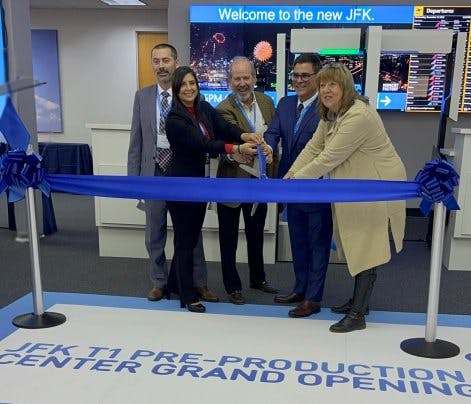 Pictured at the NTO pre-production center ribbon cutting ceremony, left to right: Dave Rellinger, Vice President, US Branches, Schneider Electric; Luna Katbah, Director Airport Systems, NTO; Jim Durkin, Executive Vice President, Tishman Construction; Anthony Natale, Sales Vice President North America, SITA; Faith Varwig, Managing Principal, Faith Group.