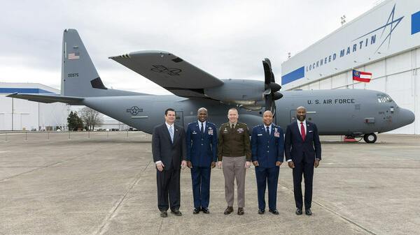 Lockheed Martin delivered the first of eight C-130J-30 Super Hercules airlifters to the Georgia Air National Guard today. From l to r: U.S. Rep. Austin Scott (GA-08); Col. Sheldon Wilson, commander of the 165th Airlift Wing; Maj. Gen. Thomas Carden, adjutant general of the Georgia Department of Defense; Maj. Gen. Konata Crumbly, commander of the Georgia Air National Guard; and Rod McLean, vice president & general manager, Air Mobility & Maritime Missions line of business,