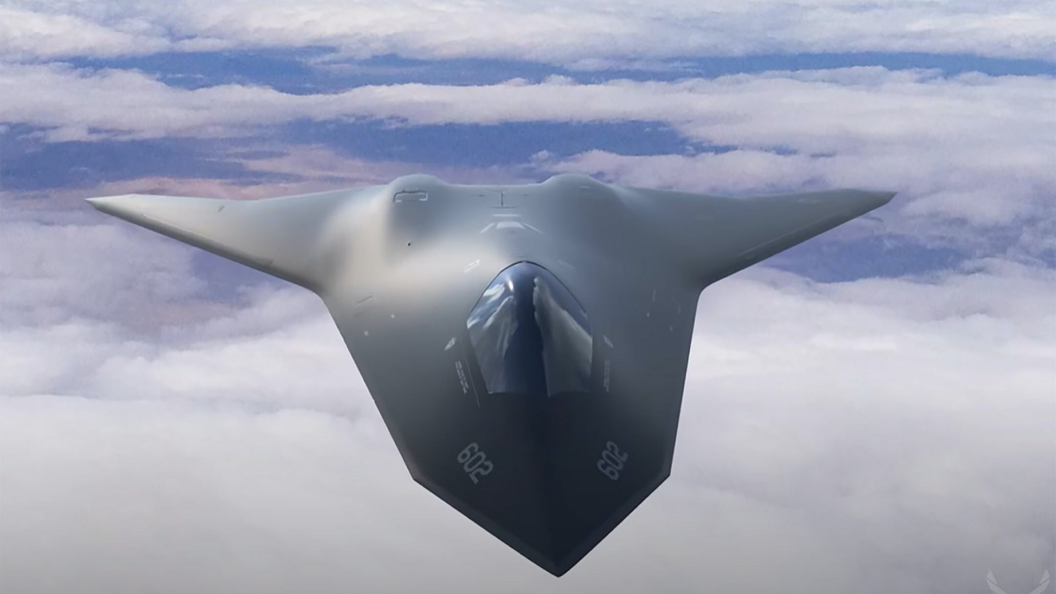 This is a rendering of a future crewed next-generation air dominance aircraft by the U.S. Air Force Research Laboratory.