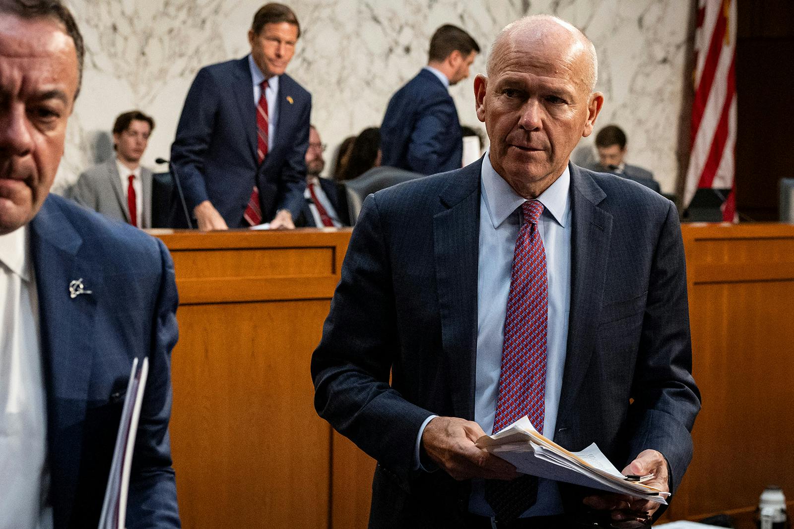 Boeing President and CEO Dave Calhoun leaves after testifying during a Senate Homeland Security and Governmental Affairs Committee Investigations Subcommittee hearing to examine 'Boeing's broken safety culture' on Capitol Hill in Washington, D.C., June 18, 2024.