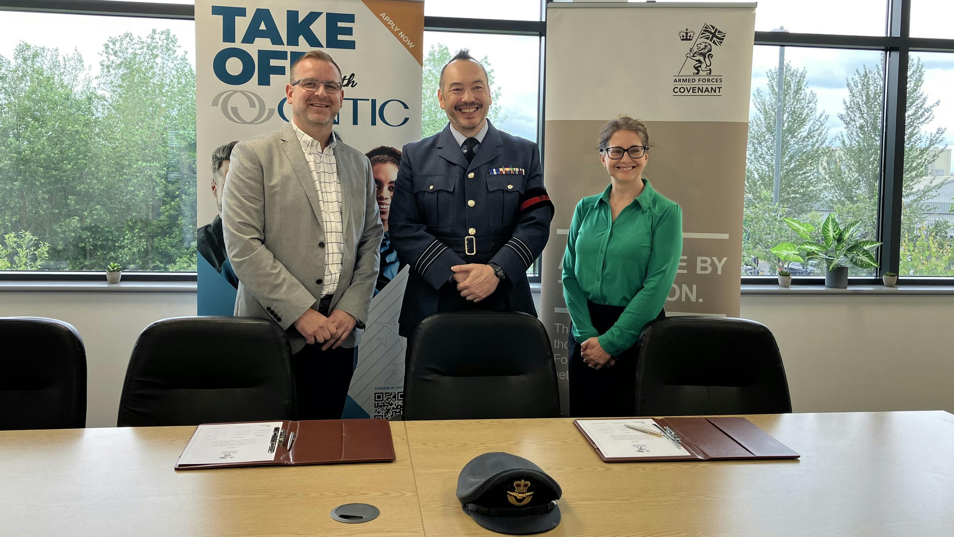 Rob Meyrick, Site Director at Ontic&rsquo;s Cheltenham site; Wing Commander Alex Drake; Clare Lakey, HR Director for Ontic&rsquo;s UK and Asia operations.