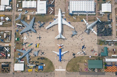 An overhead view of Boeing Plaza at EA AirVenture Oshkosh on July 24, 2023.