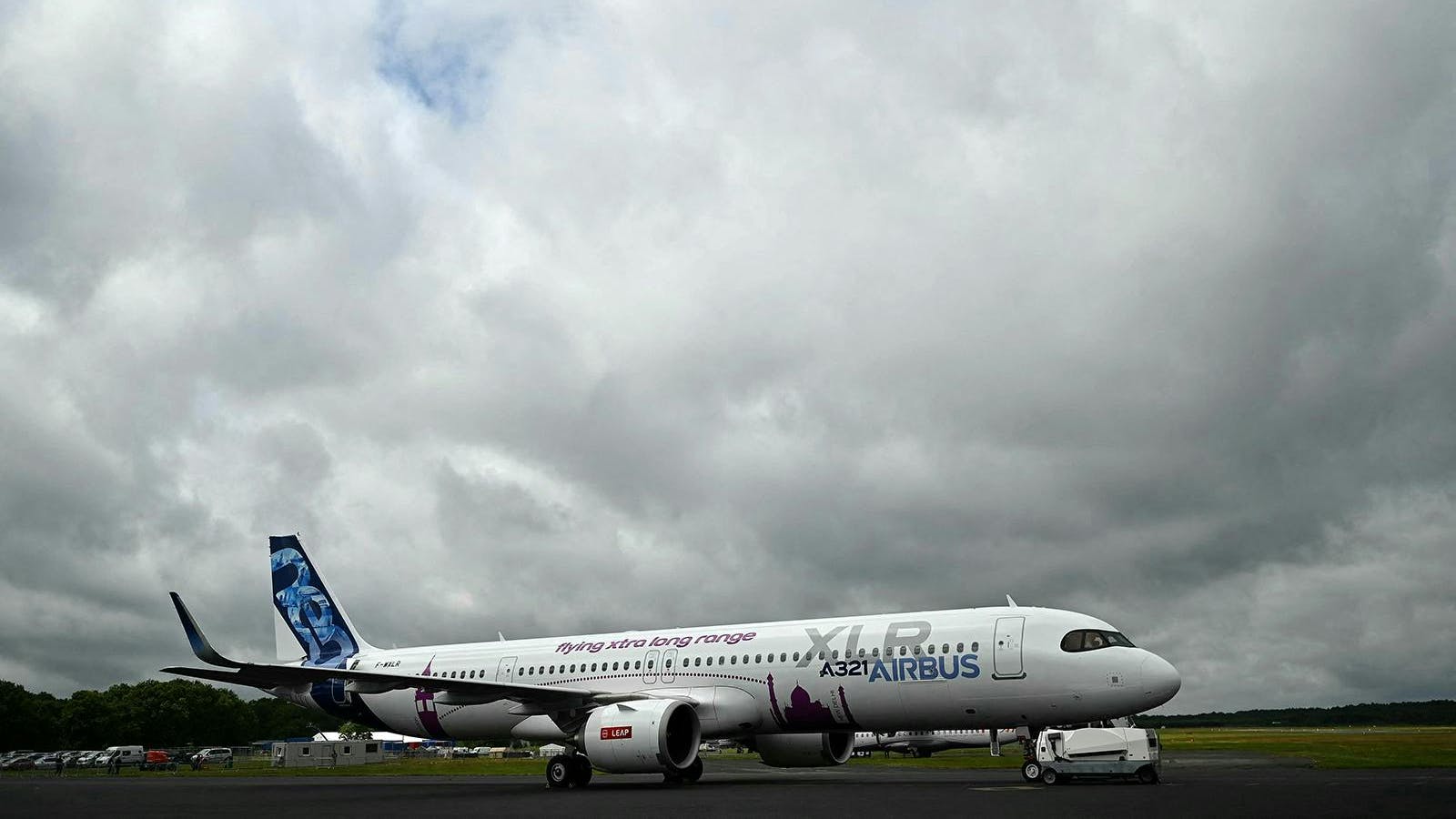 An Airbus A321 XLR aircraft, with a CFM International LEAP engine, is pictured on the opening day of the Farnborough International Airshow 2024, south west of London, on July 22, 2024.