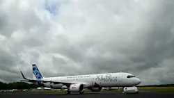 An Airbus A321 XLR aircraft, with a CFM International LEAP engine, is pictured on the opening day of the Farnborough International Airshow 2024, south west of London, on July 22, 2024. An Airbus A321 XLR aircraft, with a CFM International LEAP engine, is pictured on the opening day of the Farnborough International Airshow 2024, south west of London, on July 22, 2024.