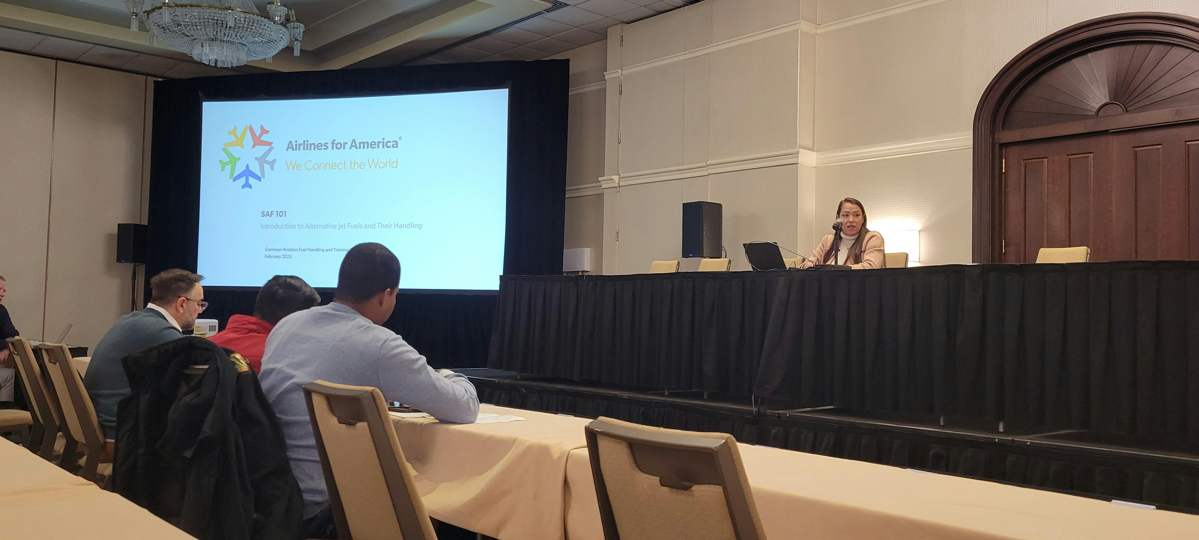 Amy Carico, director of fuel services and technical standards at Airlines for America (A4A), delivered her presentation, 'SAF 101 - Introduction to Alternative Jet Fuels and Their Handling,' at the Aviation Fuel Handling Training Symposium in Irving, TX, Feb. 18-20, 2025.