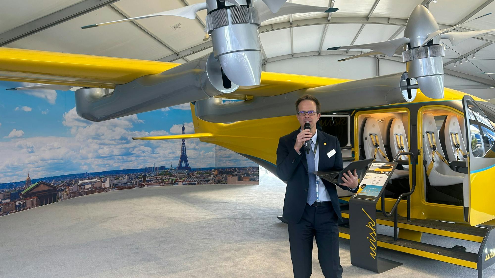 Wisk CEO Sebastien Vigneron speaks at a news conference about the company's sixth generation aircraft at the Paris Air Show on Tuesday, June 17, 2025, in Le Bourget, France.