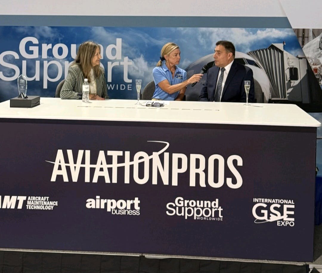 Ground Support Worldwide Editor Jenny Lescohier interviews 2025 Leaders of the Year award recipients at GSE Expo in Las Vegas. Shown here are Cindy Redwine, left, surviving wife of Lifetime Achievement award winner Don Redwine, and Guillermo Vega, Regional Security Manager of SAASA, which received the Service Leader of the Year award.