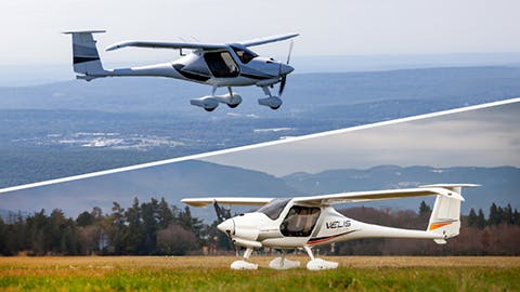 An image shows two horizontal photographs stitched together: one of a white airplane flying over water and another of a white airplane flying over a field of grass