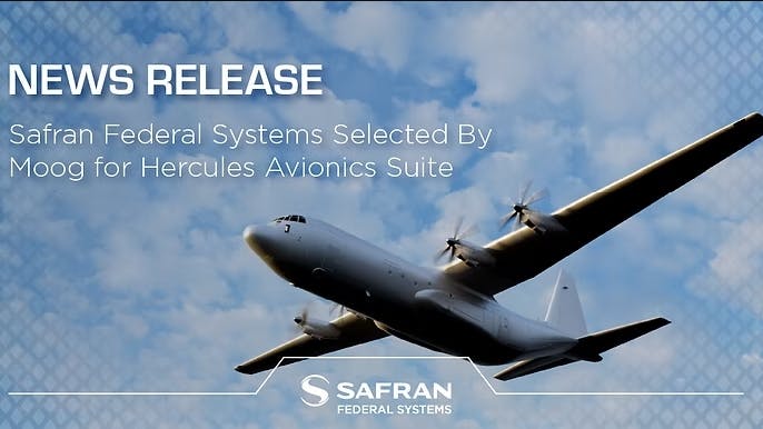 An airplane flies in front of a blue sky with clouds, next to floating text that reads 'NEWS RELEASE Safran Federal Systems Selected by Book for Hecules Avionics Suite'