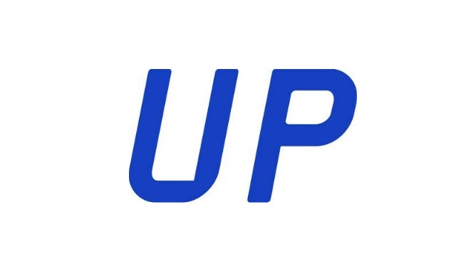 Blue text that reads, 'UP'