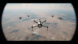 Five drones flying over desert Five drones flying over desert