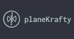 A dark gray logo with a geometric design and text that reads, 'planeKrafty' A dark gray logo with a geometric design and text that reads, 'planeKrafty'
