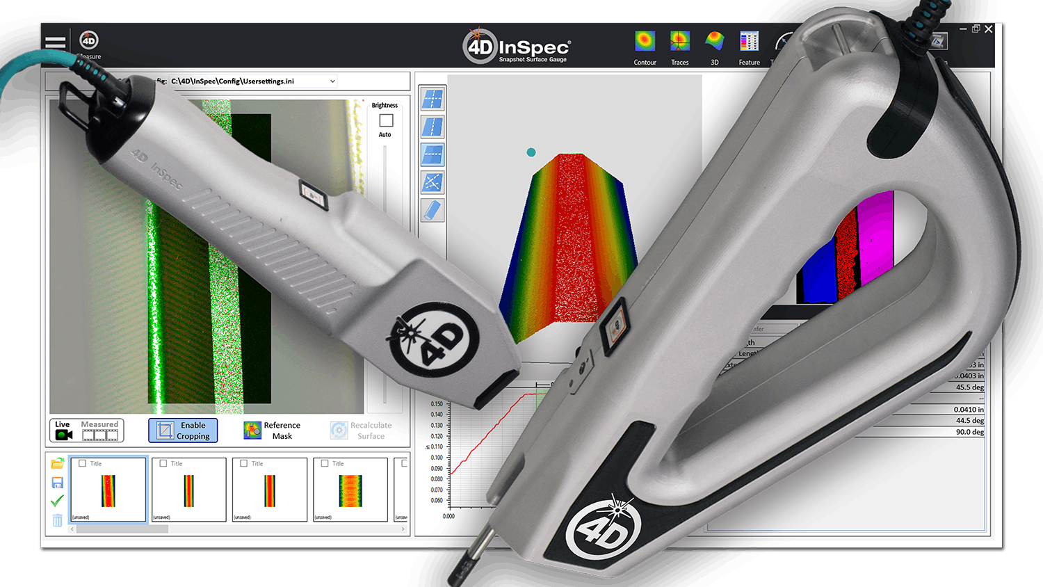 Two pieces of handheld technological equipment in front of a screen showing charts and heat maps with text at the top that reads: 4D InSpec