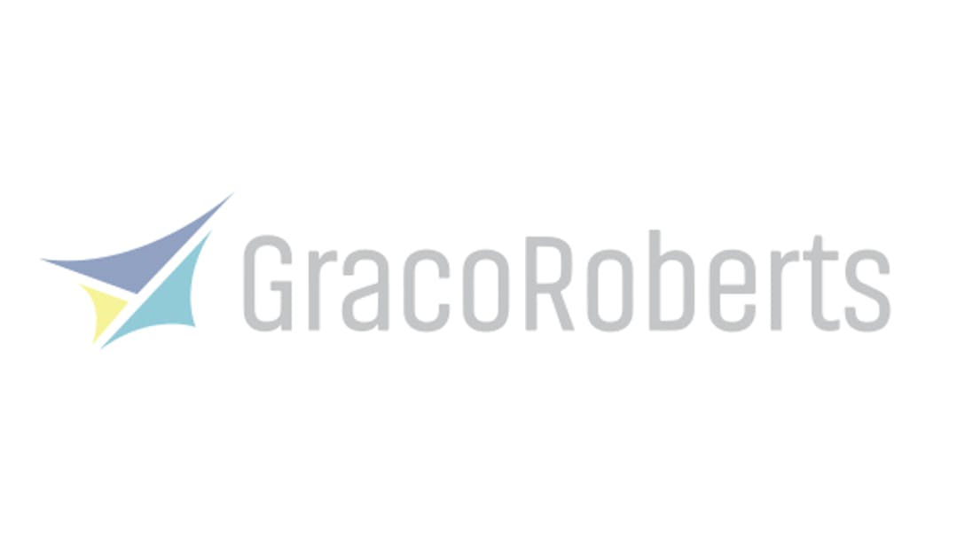 A logo with a blue and yellow geometric design and text that says: GracoRoberts