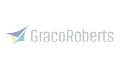 A logo with a blue and yellow geometric design and text that says: GracoRoberts A logo with a blue and yellow geometric design and text that says: GracoRoberts