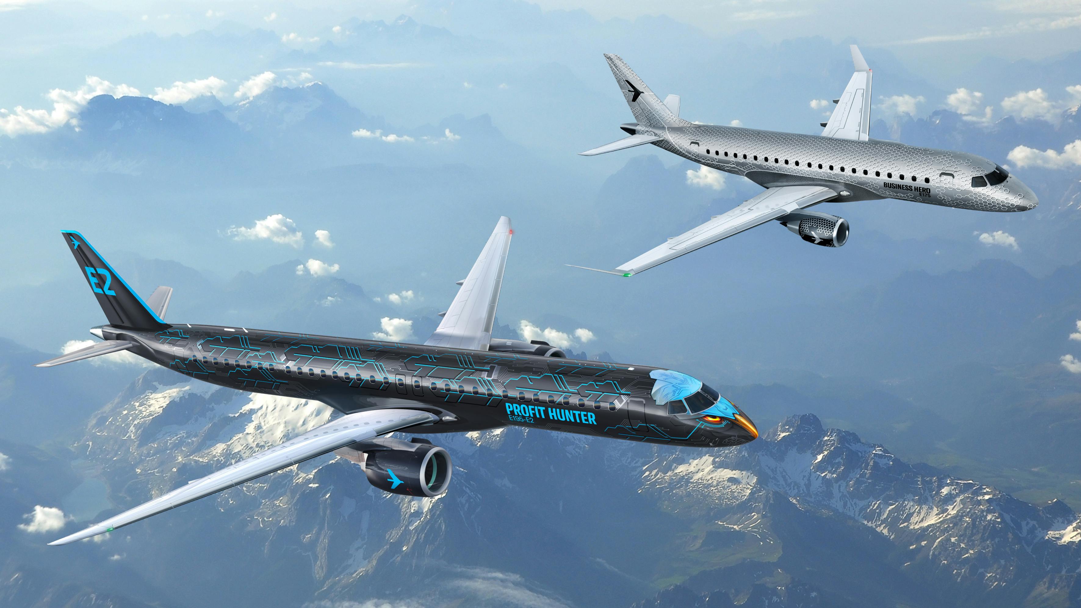 A black airplane and a gray airplane flying in a blue sky above clouds and mountain ranges