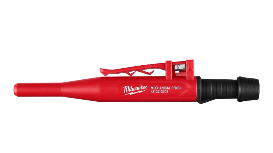 A red and black hand tool with text on the side that reads: Milwaukee Mechanical Pencil