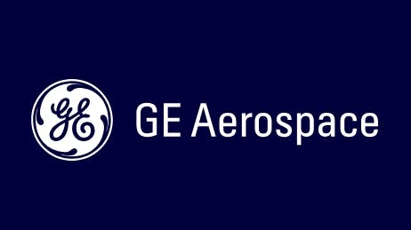 A logo with a dark blue background and white text that reads: GE Aerospace