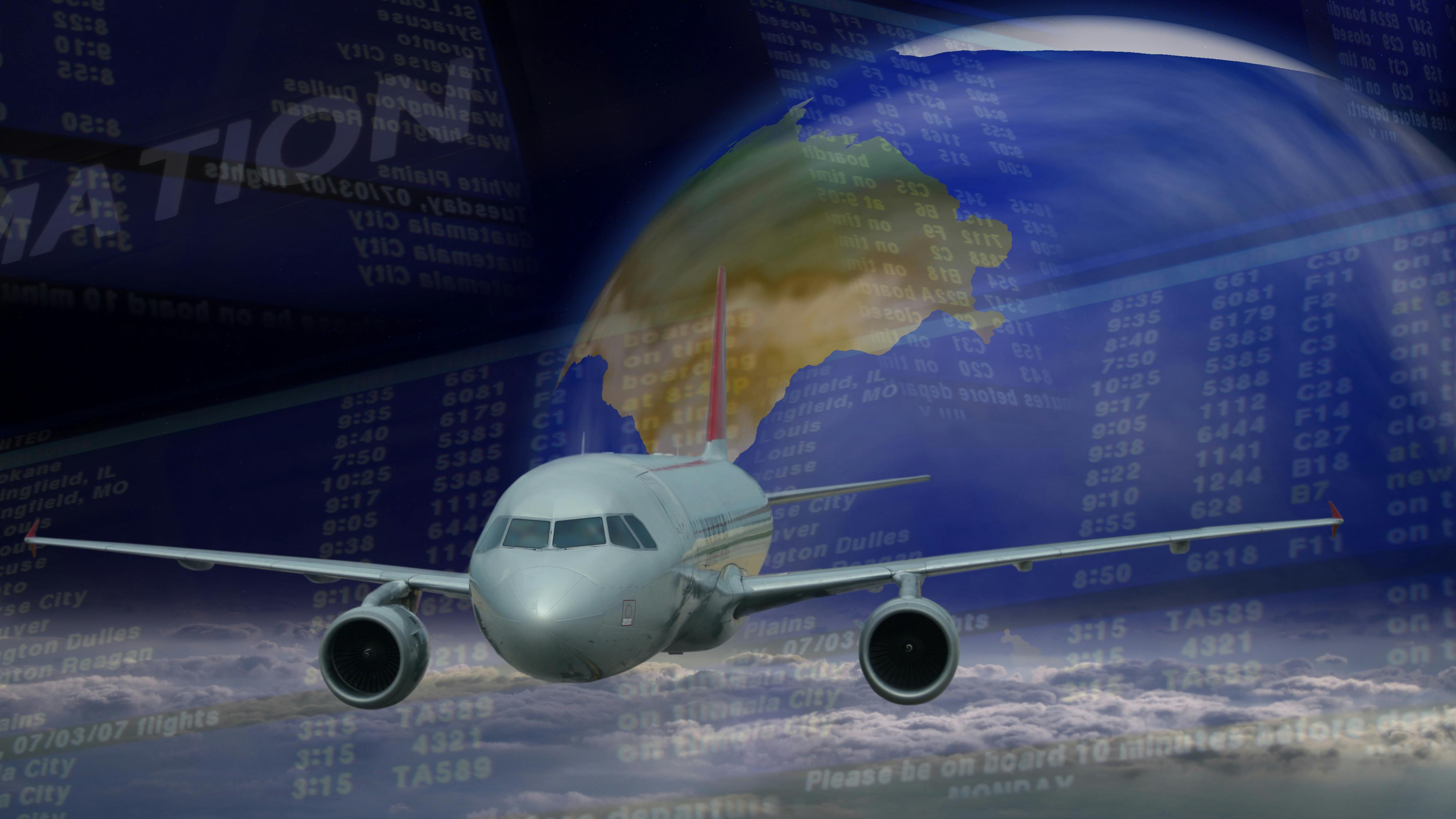 A graphic showing an airplane flying in front of a rendering of Earth, with airport sign boards overlaid