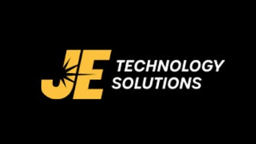 A logo with a black background and yellow and white lettering that reads: JE Technology Solutions