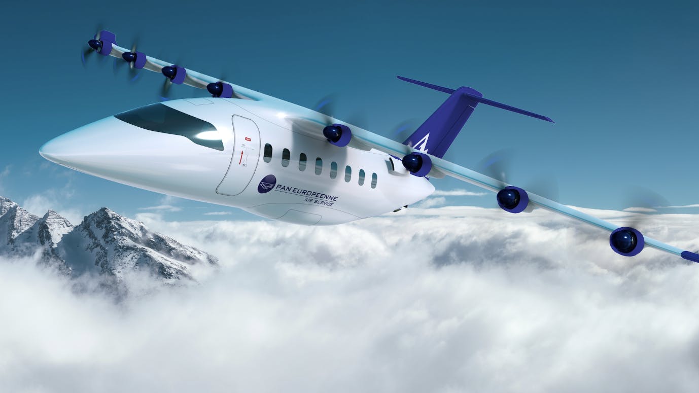 A white aircraft with a blue tail and several propellers flying over mountains and clouds in front of a blue sky