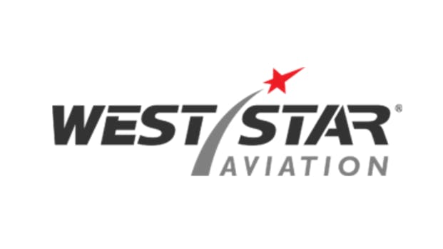 A logo with a red shooting star and gray trail with black text that reads: West Star Aviation