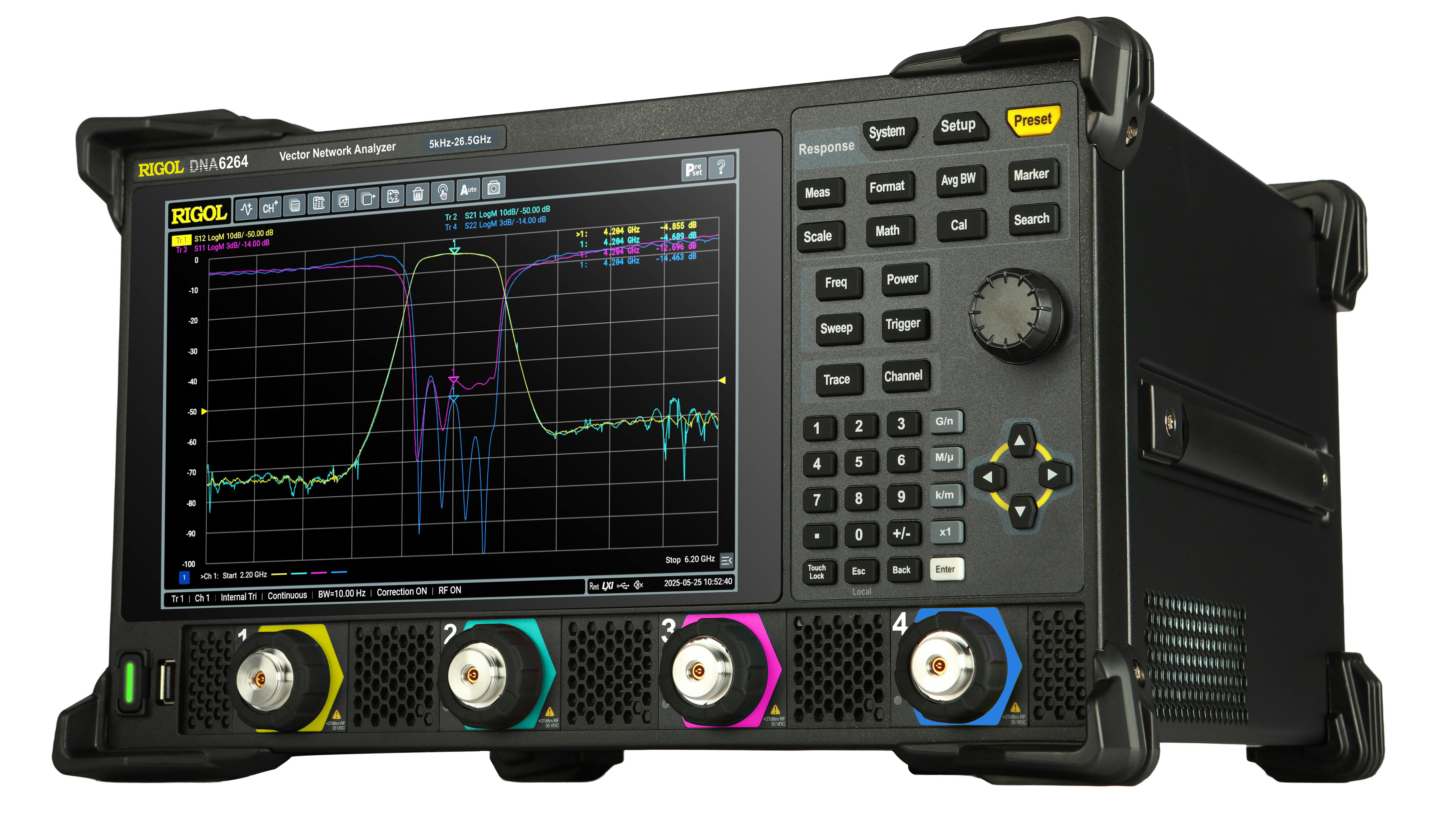 A large black piece of equipment with a screen showing a line graph and various knobs and buttons