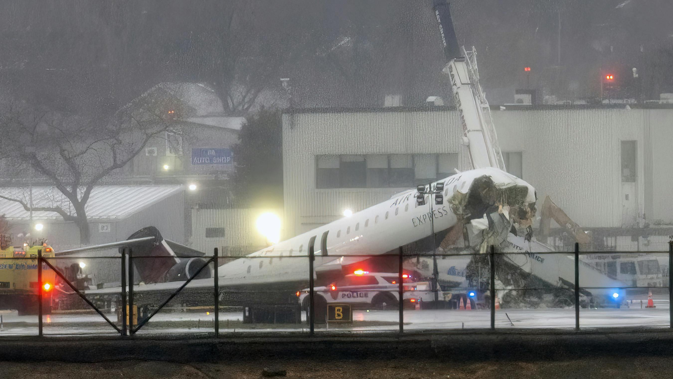 A plane crashed on the ground with its nose destroyed in nighttime lighting with snow