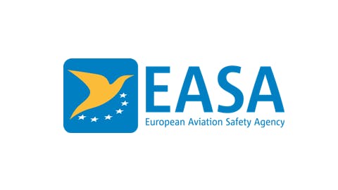 A blue logo featuring a yellow bird, white stars, and text that reads: EASA European Aviation Safety Agency