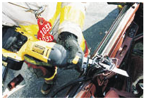 A DeWalt saw with a nine-inch blade cuts through multiple layers of a B-pillar and window frames. Results of endurance tests will be covered in Part 4 of this series.