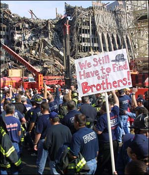 Firefighters protested a plan to scale back the number of fire and police personnel searching for remains at the World Trade Center site., Friday Nov. 2, 2001.