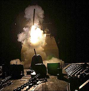 A missile leaves the deck of USS Philippine Sea