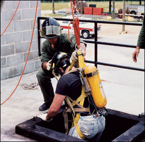 A confined space response is like a combination technical rescue and hazardous materials incident. Emergency responders should don self-contained breathing apparatus (SCBA), with air flowing, before entering a confined space.