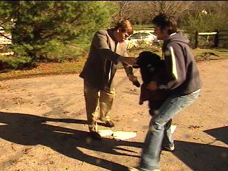 After making it to dry land, Jeb joyously greeted his caretakers, as well as a reporter
