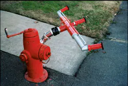 Hooking this emergency decontamination device directly to a hydrant frees apparatus for other operations. Hooking this emergency decontamination device directly to a hydrant frees apparatus for other operations.