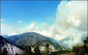 The Tarkio fire near Alberton, Mont., puts up a large plume of smoke Wednesday, Aug. 10, 2005, as winds give the blaze new life. The fire threatens a Bonneville Power Administration transmission line.